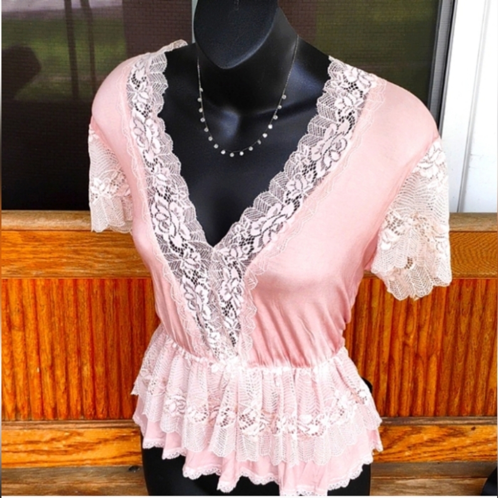 POL Soft rose pink, Rose blossom,Ruffled lace,Peplum Blouse with Short Sleeves